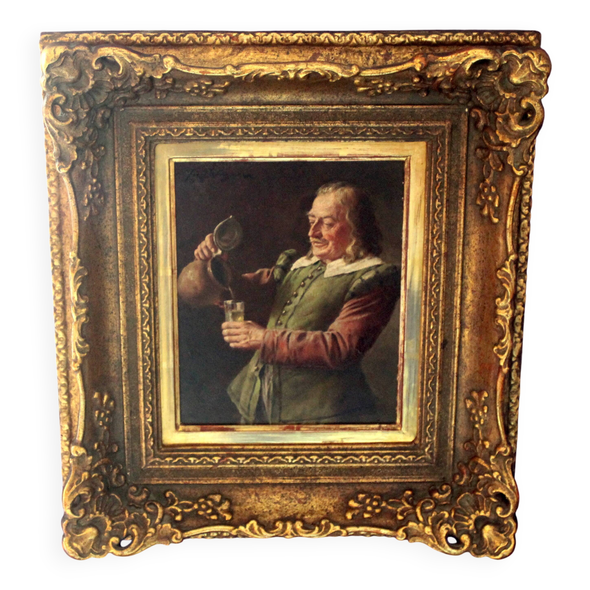 Painting by Fritz Wagner (1896-1939) - oil on wood - signed - wine tasting