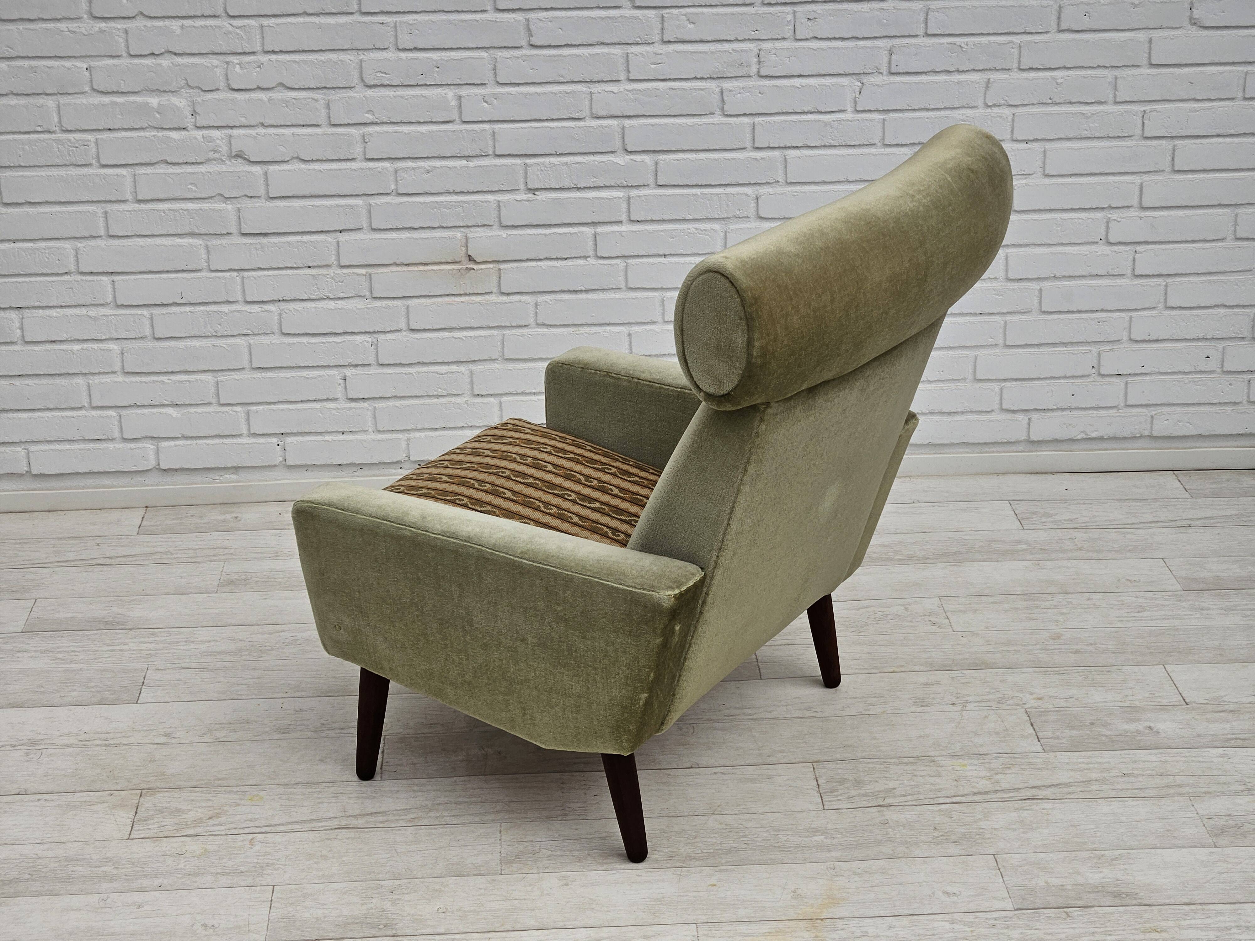 1970s, Danish armchair, original condition, furniture velour, woven wool fabric, teakwood.