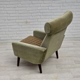1970s, Danish armchair, original condition, furniture velour, woven wool fabric, teakwood.