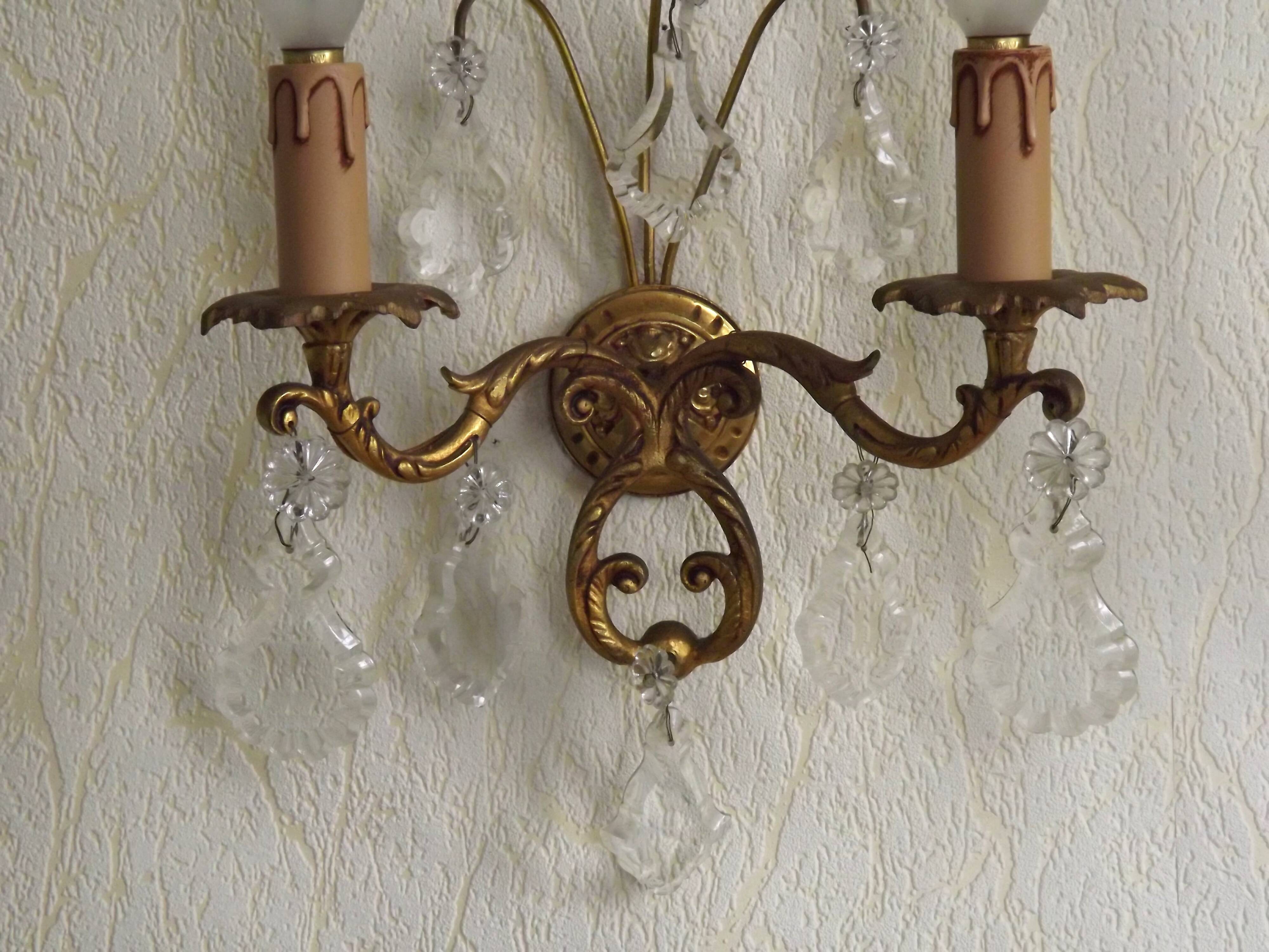 Pair of French Vintage Bronze Double Wall Lights Assorted Crystals 5331
