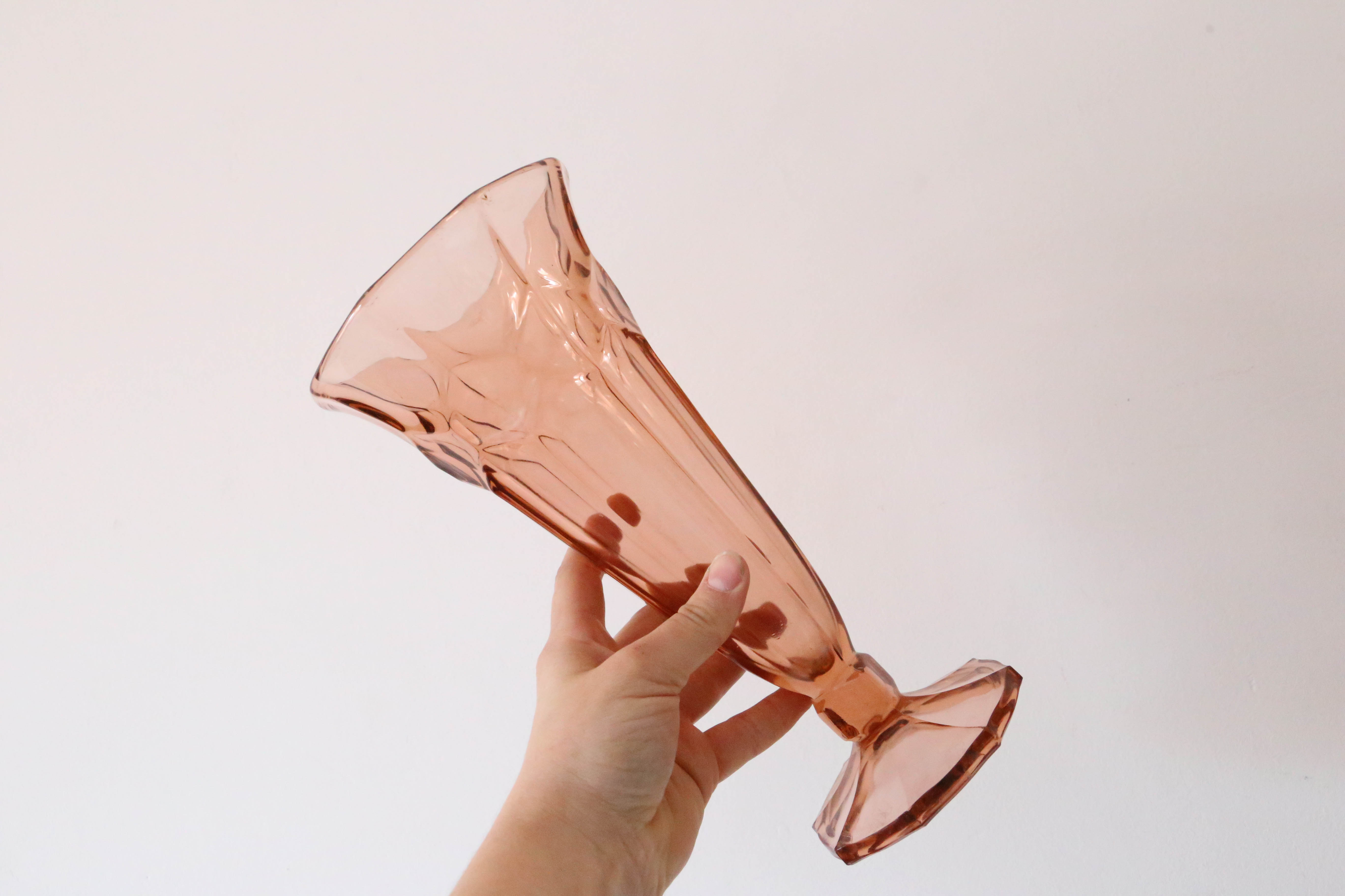 Large antique pink glass vase, molded glass, vintage French, authentic