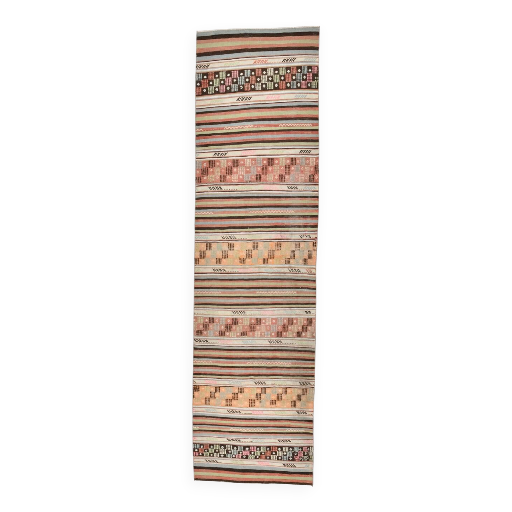 2x9 Green & Orange Striped Kilim Runner Rug, 74x276Cm