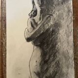 Signed charcoal painting female portrait “in the shadow“
