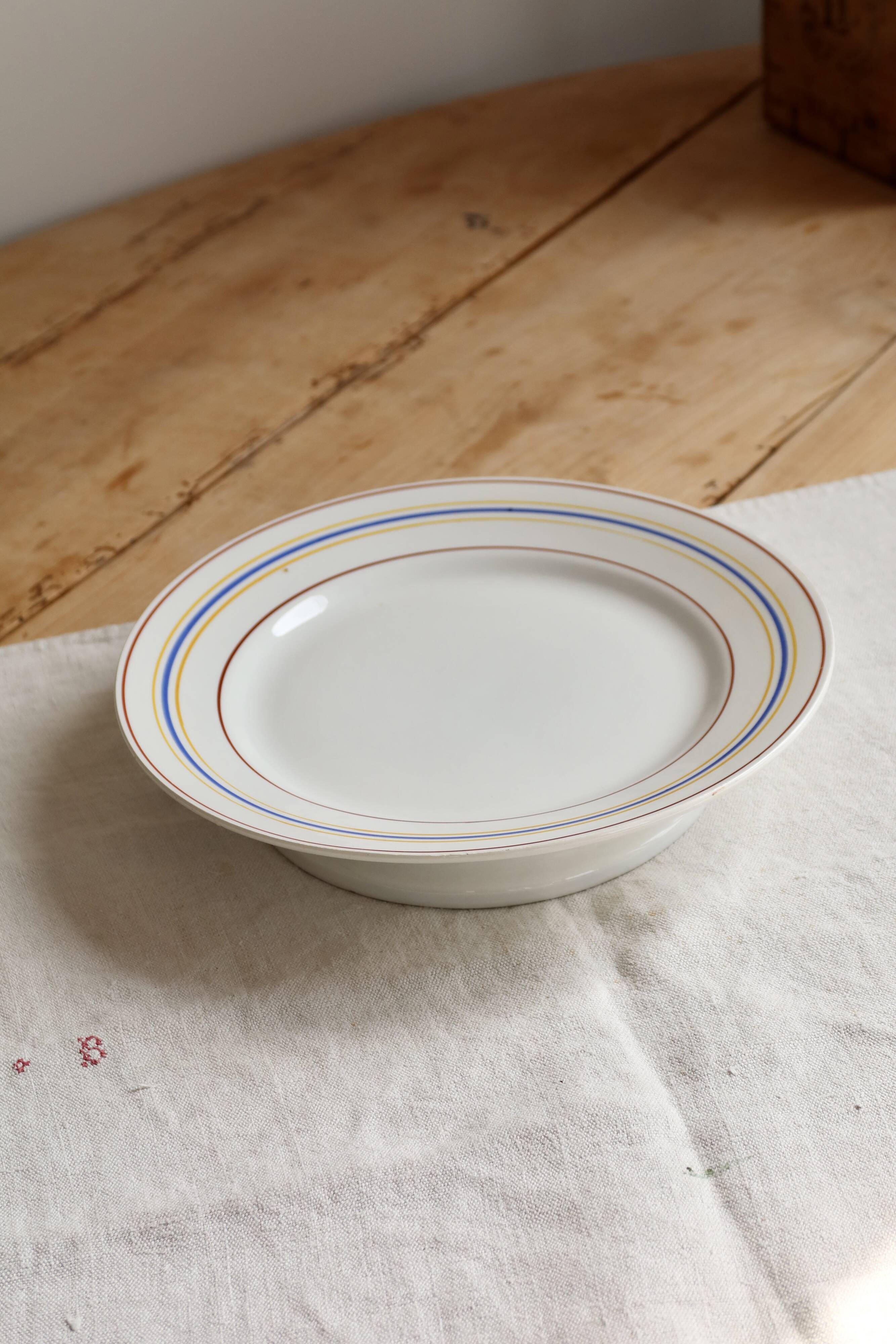 Vintage compote dish Céranord Saint-Amand red blue yellow stripes