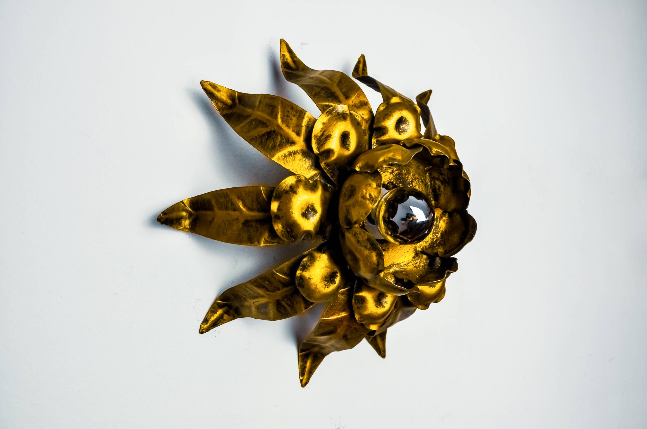 Sun wall lamp by ferro arte, metal and gold leaf, Spain, 1960