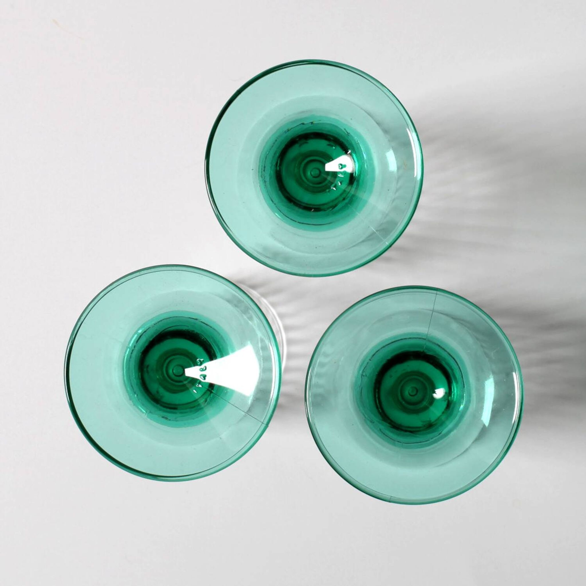 Set of 3 Vintage Green Stem Champagne Flutes: Bormioli Rocco Harmonia, 1990