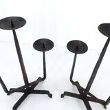 Pair of brutalist wrought iron candlesticks, France, three lights, signed