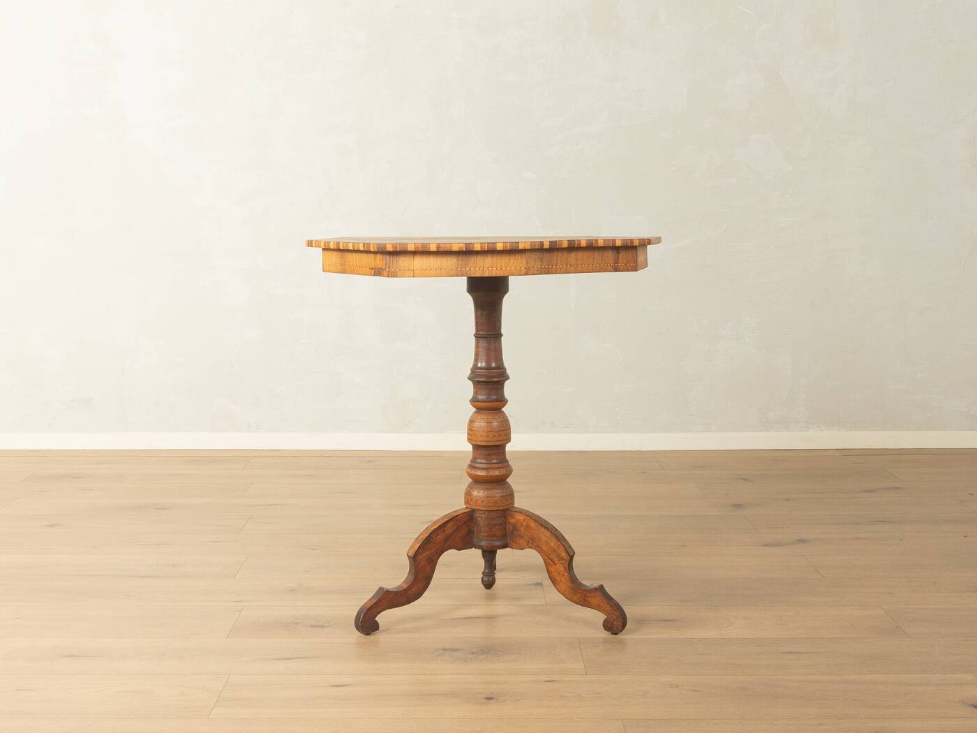 Antique octagonal walnut side table with elaborate inlays, probably Italy, mid-19th century