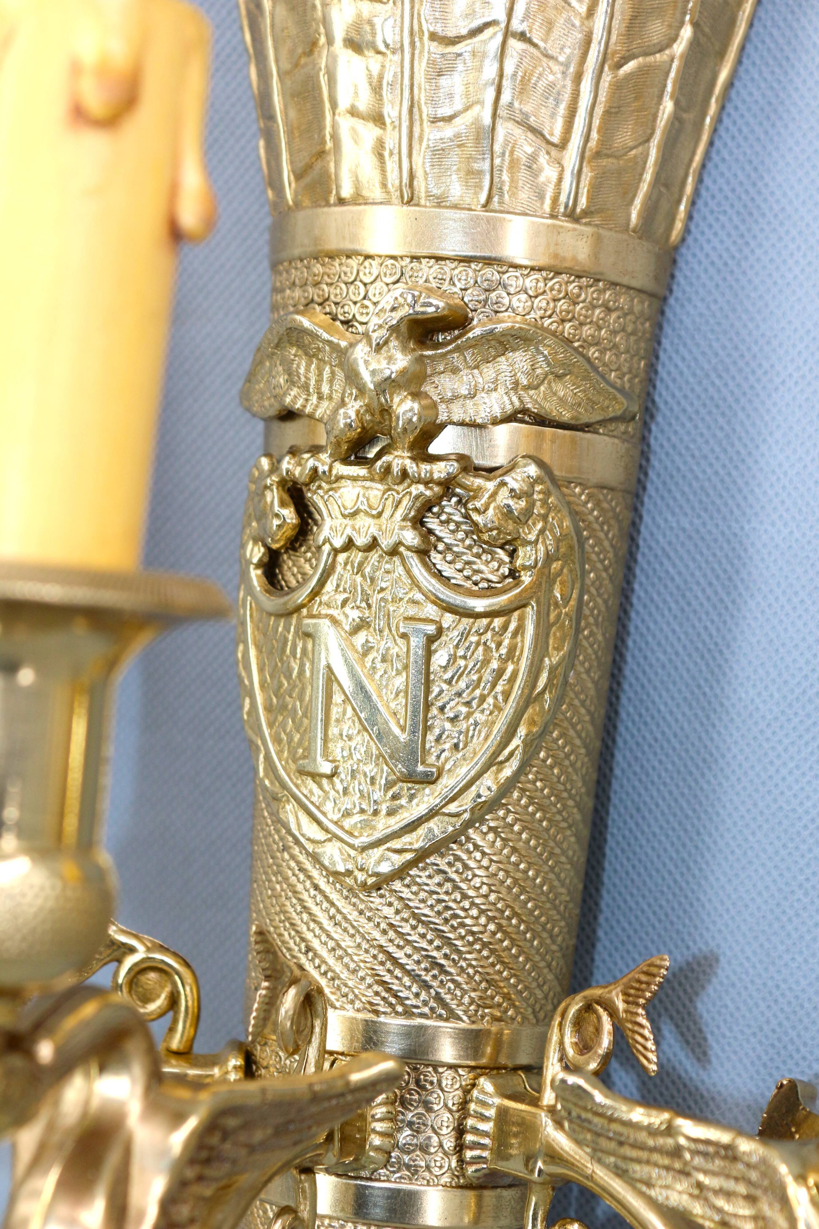 Large pair of Napoleonic gilt bronze empire style wall lights with three candles