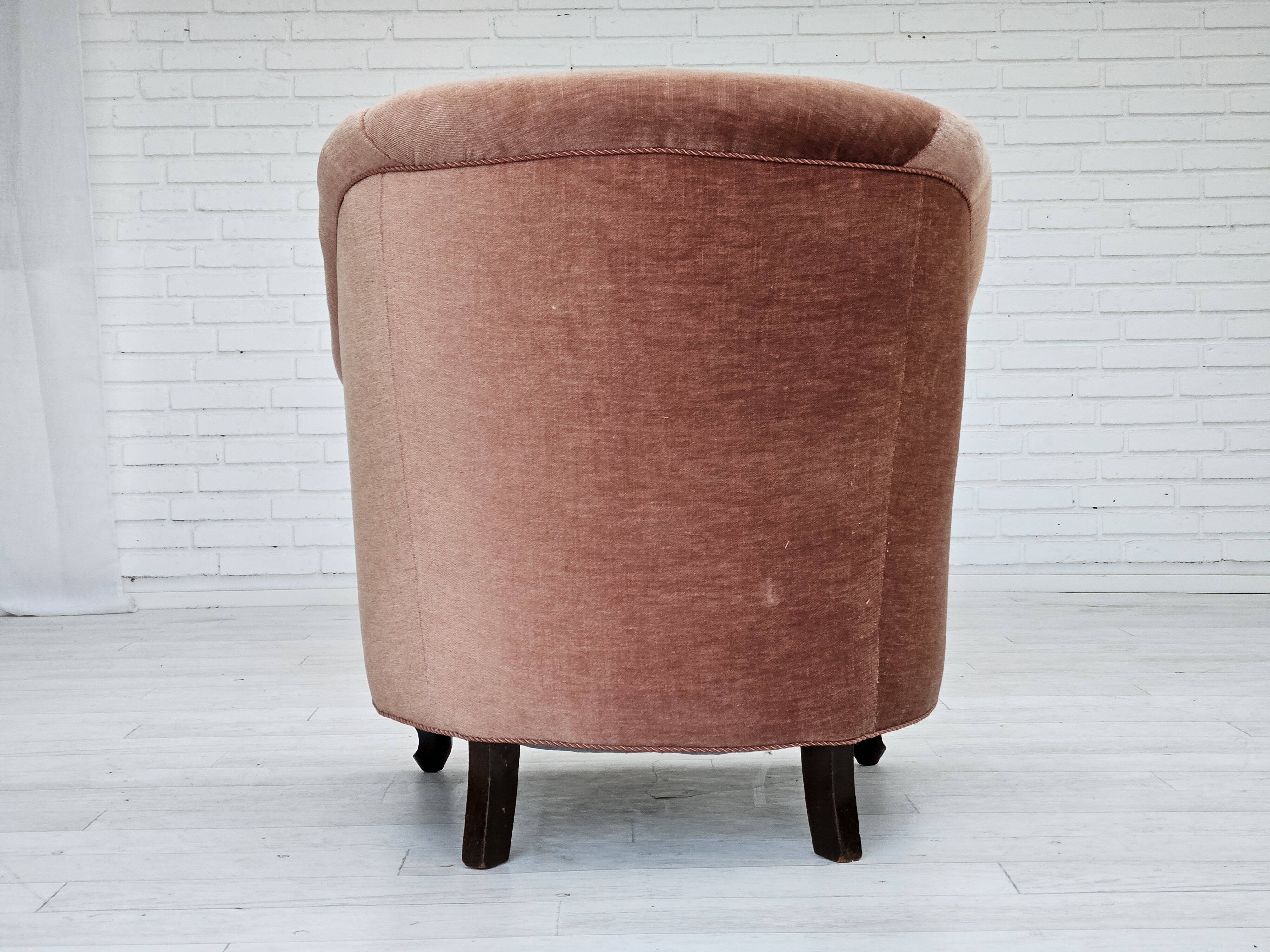 1960s, Danish armchair, salmon pink furniture velour, ash wood legs.