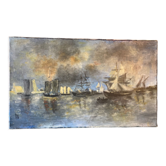 Tableau, peinture, marine, voiliers