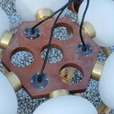 Scandinavian teak and white opaline chandelier with 6 lights from the 70s
