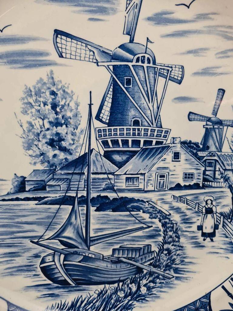Large decorative wall plate blue and white windmills Delft style 41 cm