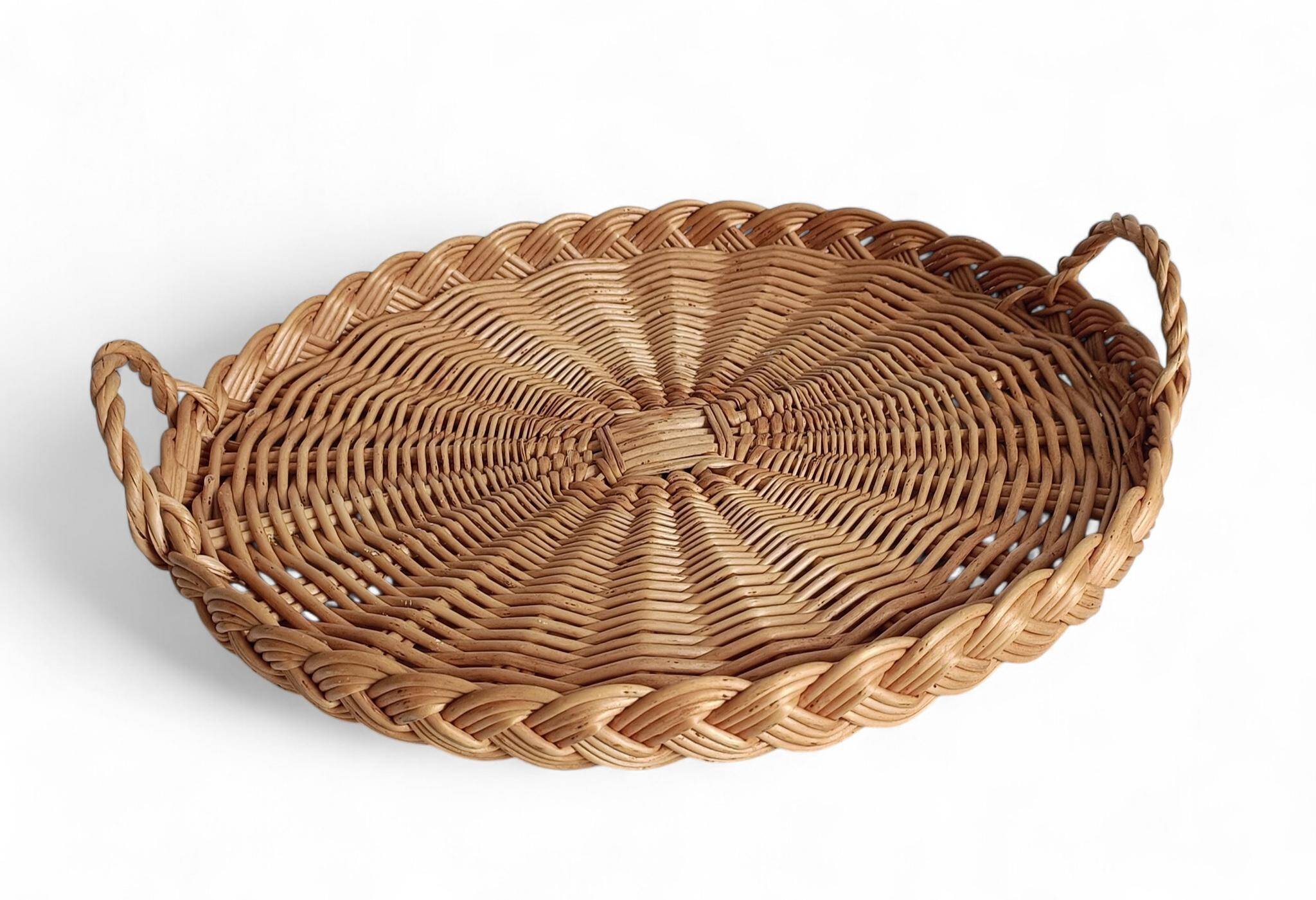 Rustic French Provence Large Round Handled Wicker Tray, France