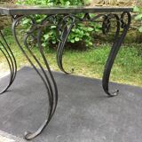 Vintage ceramic coffee table by Guy Trévoux with wrought iron base.