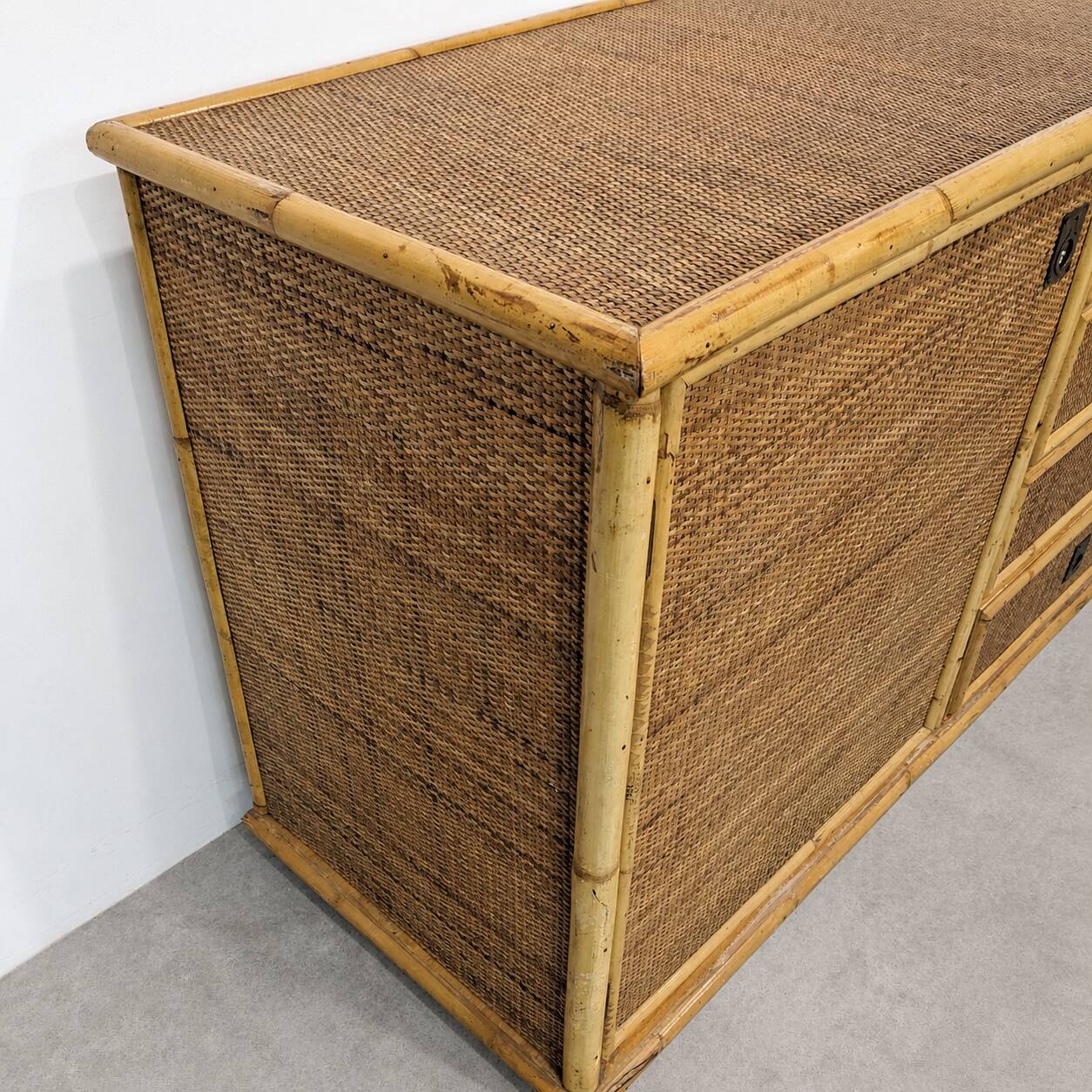 Vintage buffet in rattan and bamboo, Italy, circa 1970.