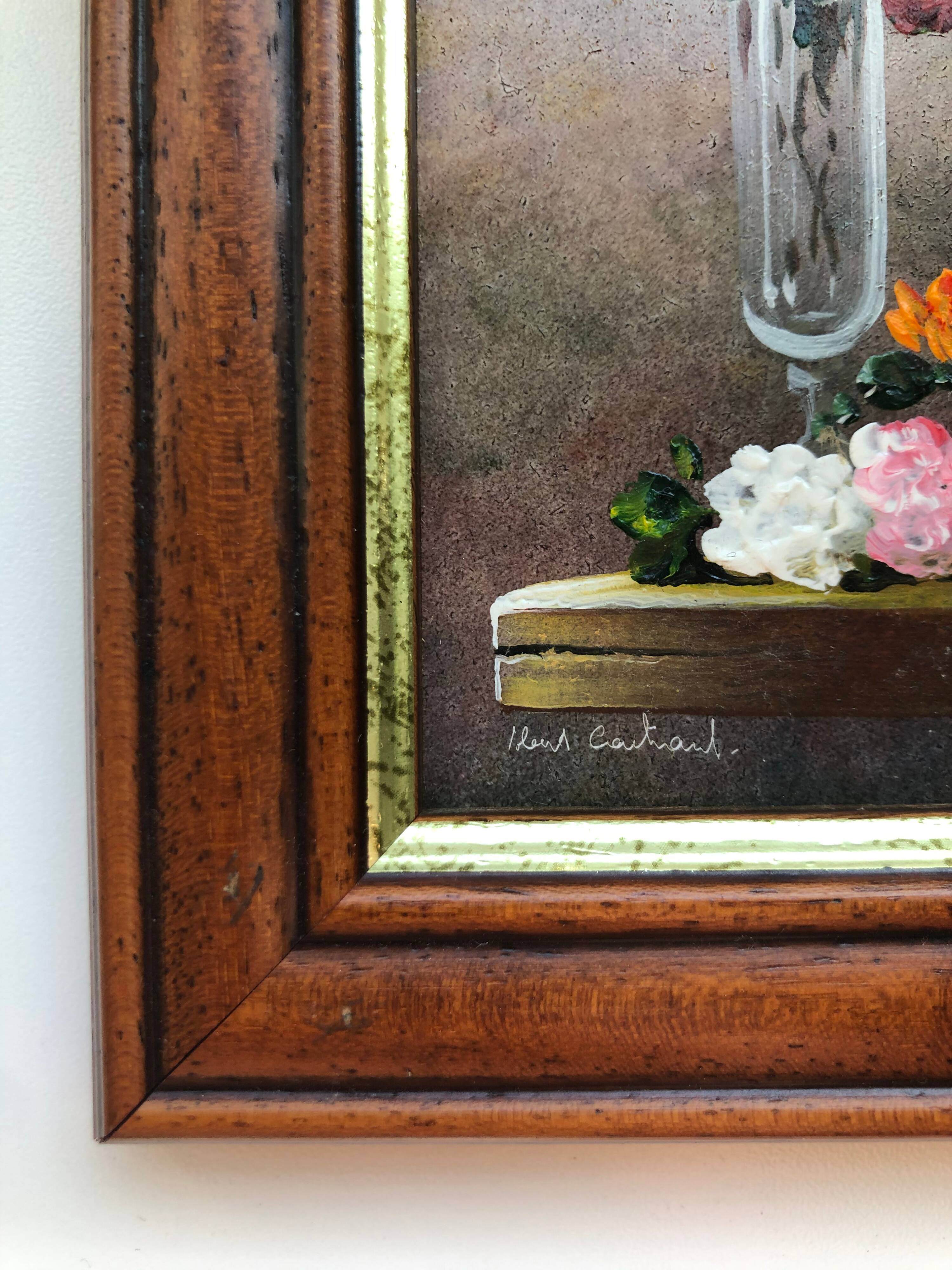 Small Painting, Flowers and Oil Lamp, Signed, 1970s