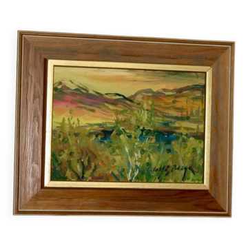 Original Swedish oil on panel "Sunset Mountains"