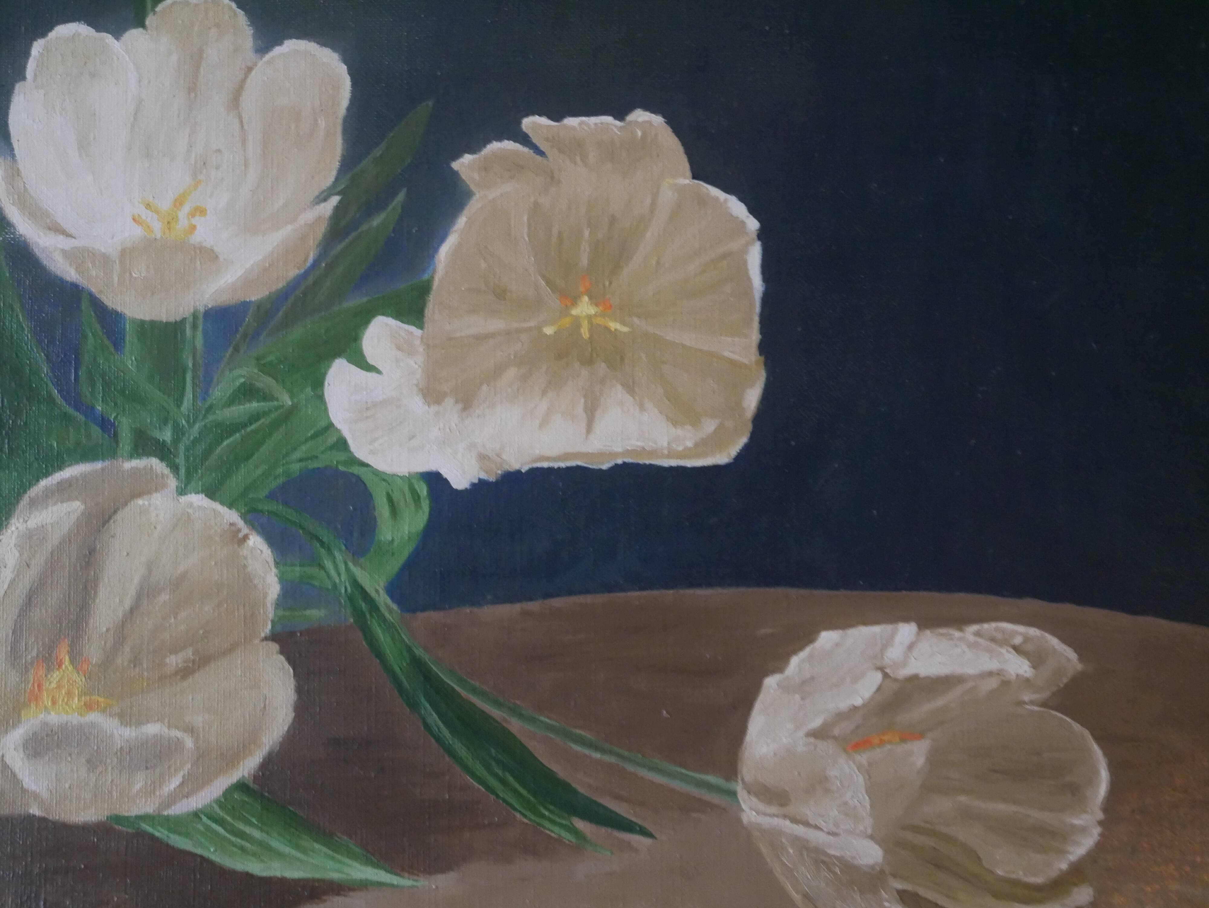 Oil painting on canvas "late tulip" gilded frame still life 1997