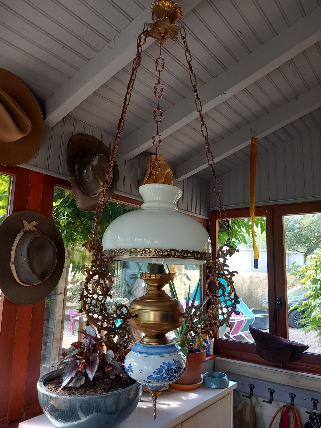 Old white opaline chandelier, brass and earthenware