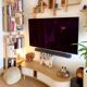 Two screens, partition walls, curved beech wood shelves.