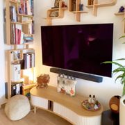 Two screens, partition walls, curved beech wood shelves.
