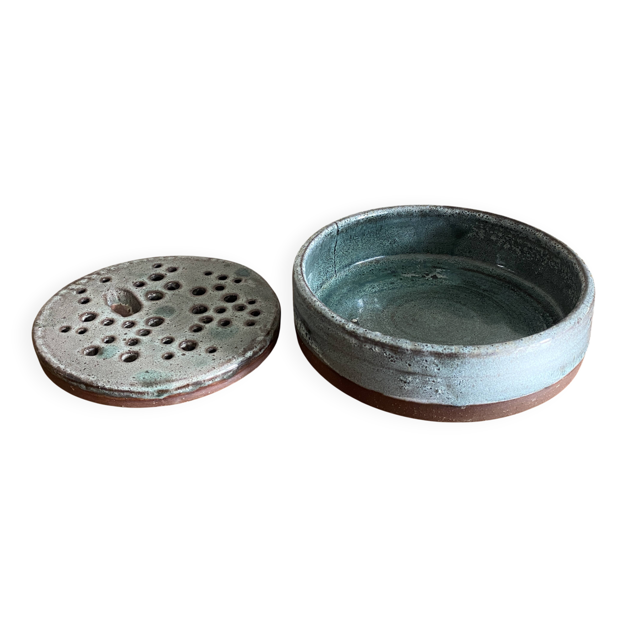 Vintage celadon blue glazed stoneware flower vase signed Pierlot at Ratilly