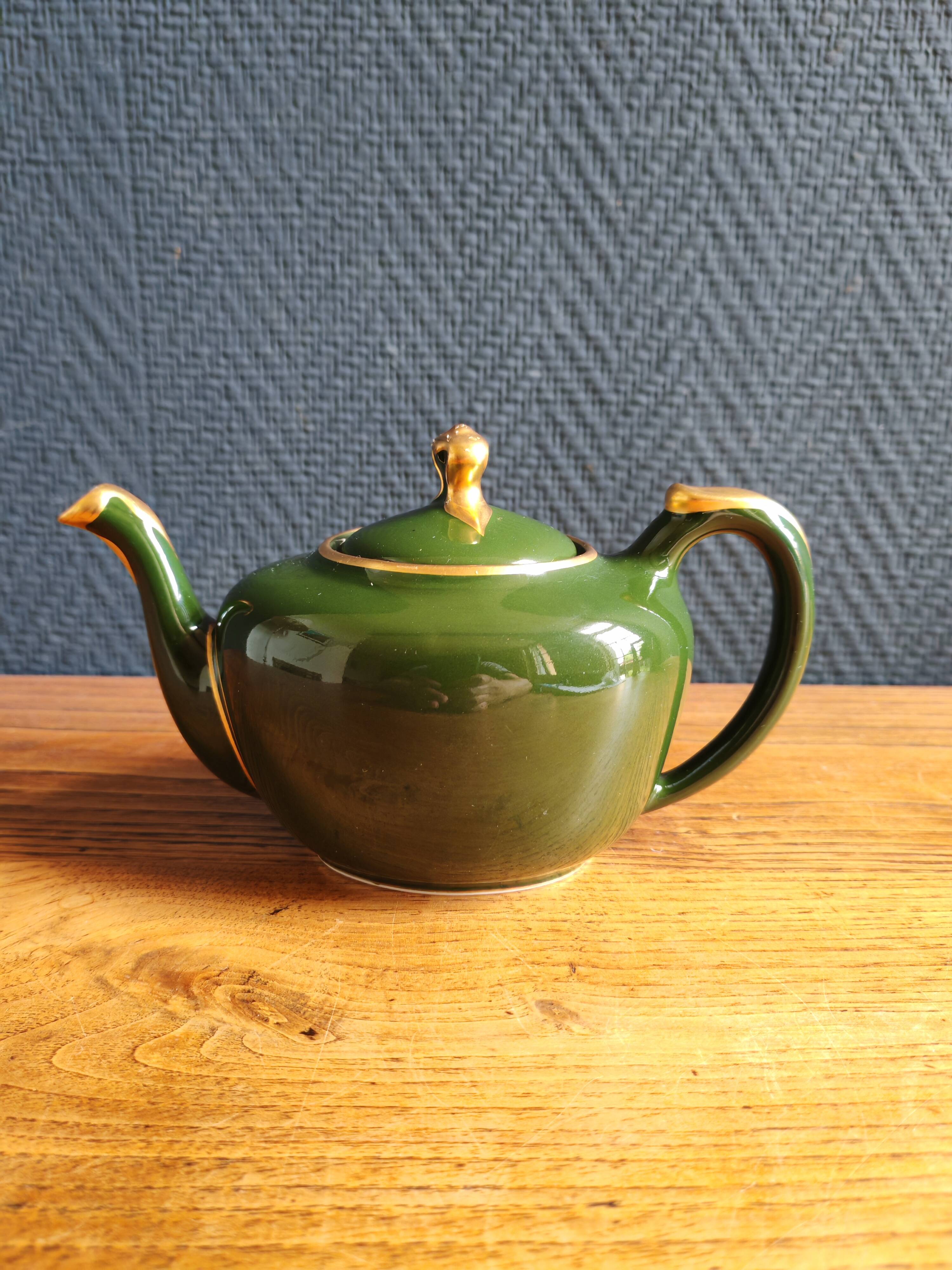 Vintage Teapot Mehun France Numbered, Green and Gold Porcelain