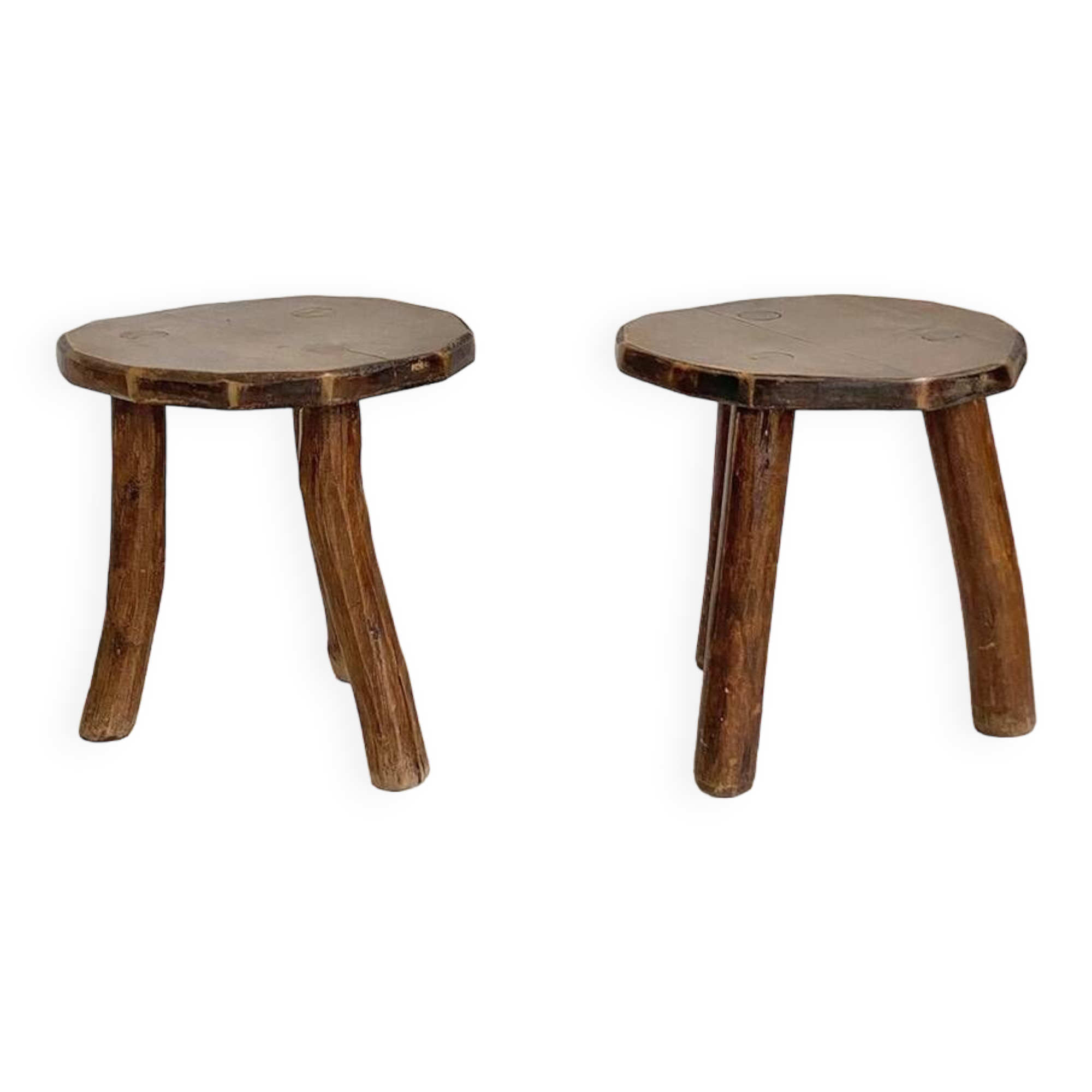 Paire de petits tabourets tripod brutaliste 50's