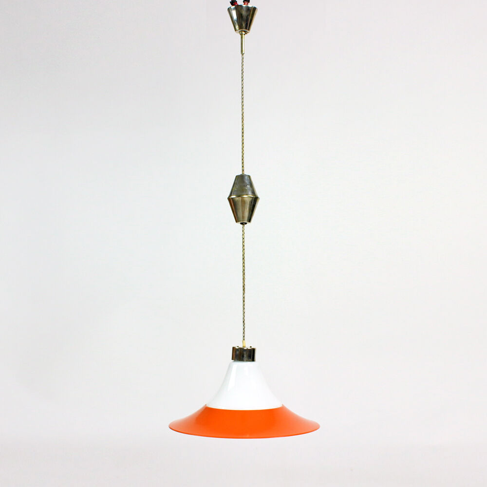 Midcentury ceiling pull down light in white opaine & brass, Czechoslovakia 1960s