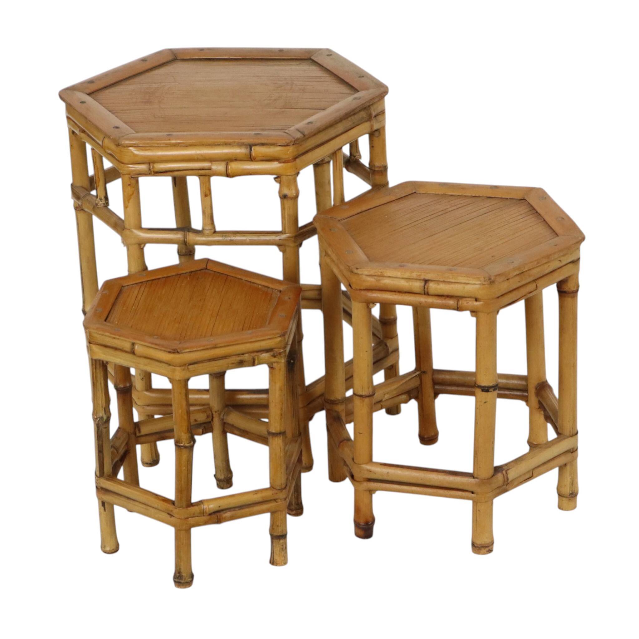 Vintage Set of 3 Bamboo and Rattan Side Tables / Nesting Tables – Boho Styl