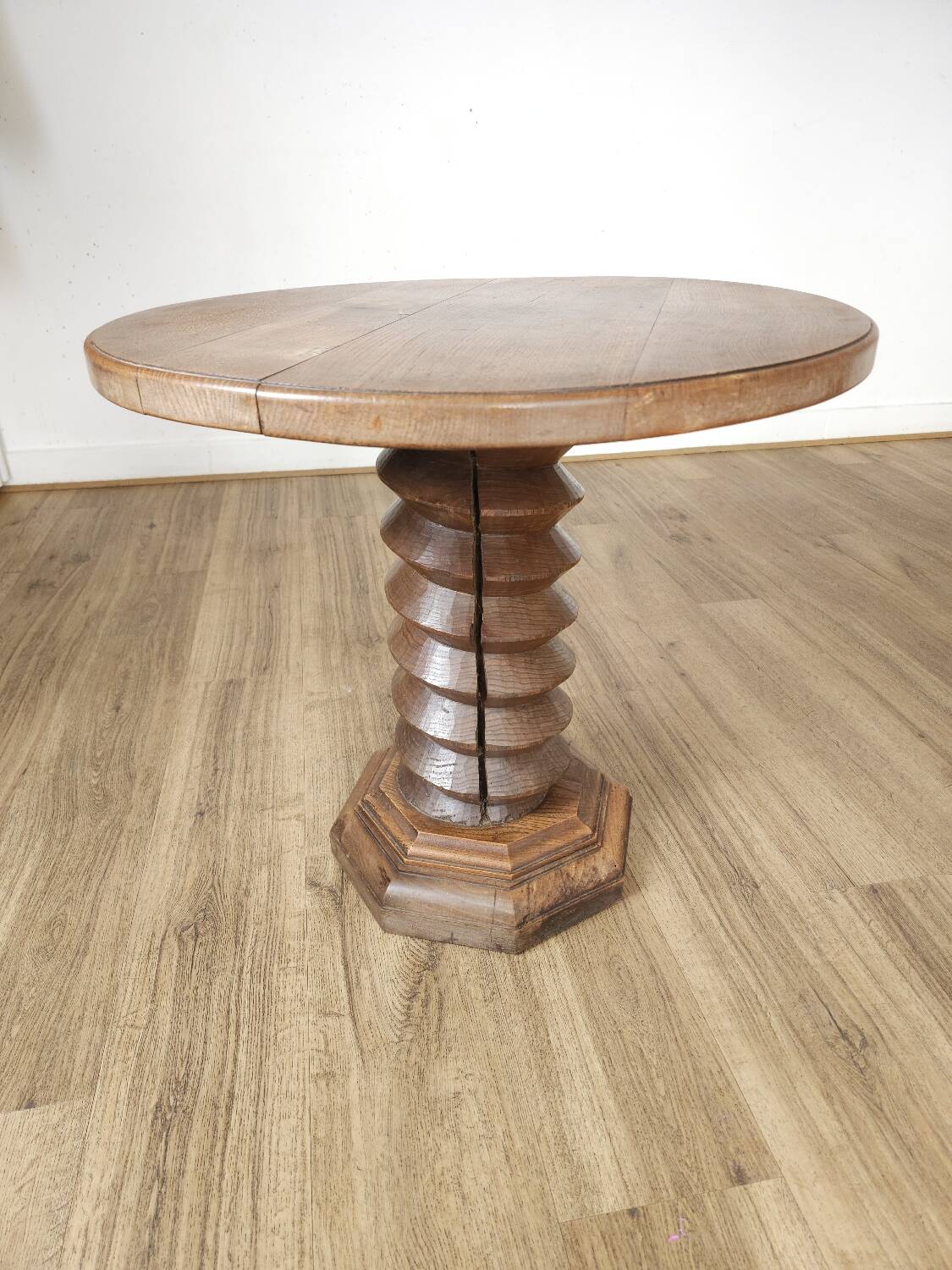 Brutalist side table in solid oak, circa 1950.