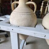 Antique painted wooden jar holder with 4 earthenware jars