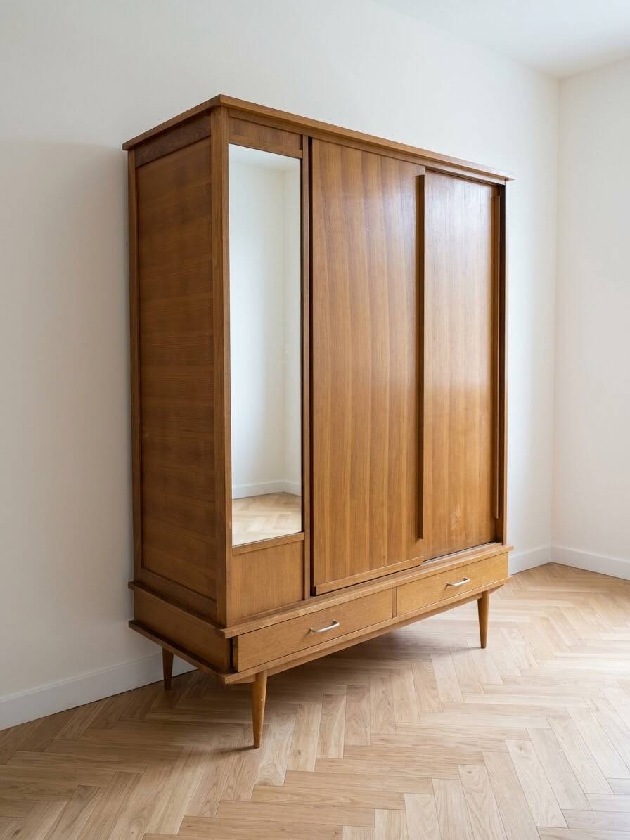 Vintage 1950s wardrobe in wood veneer.