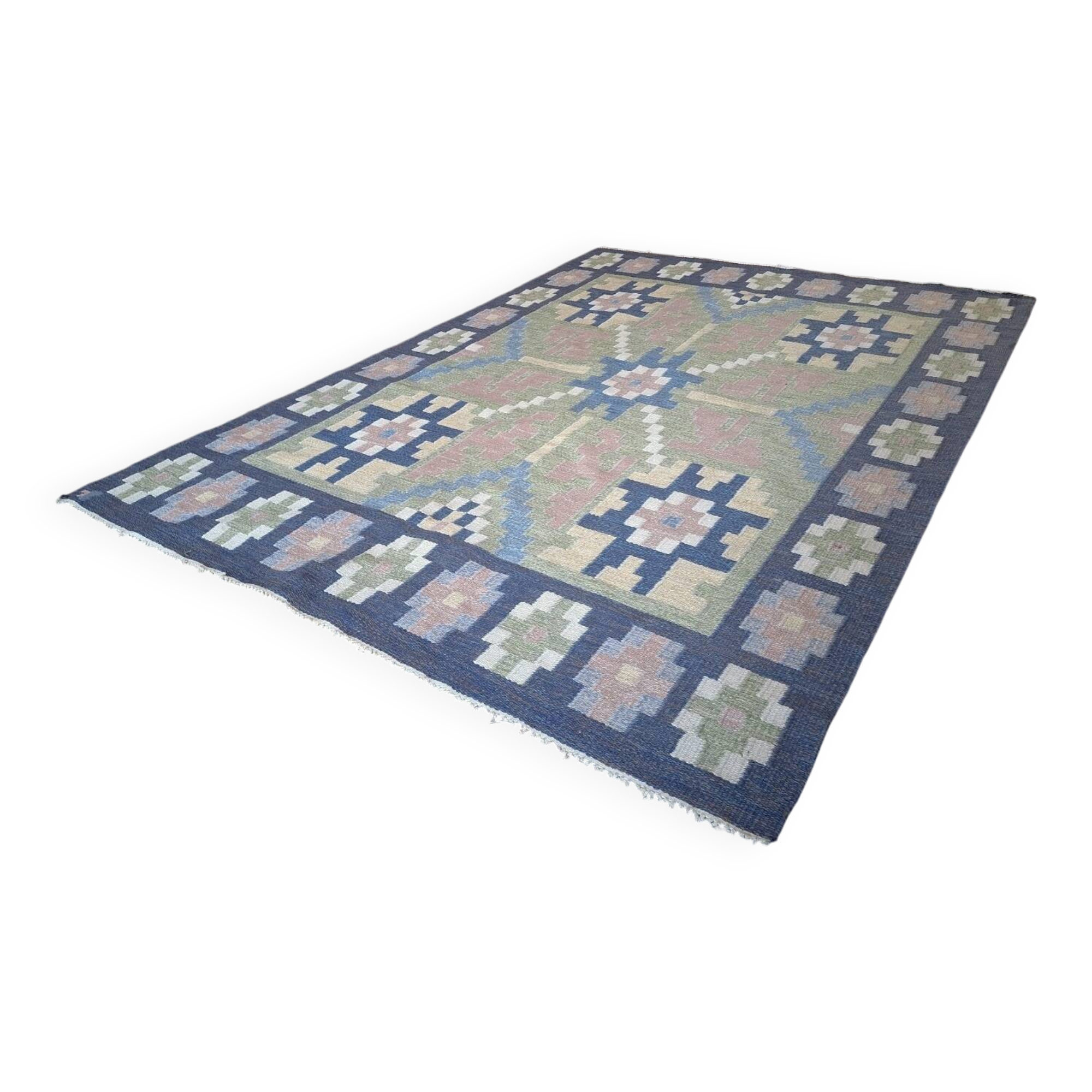 Mid century Scandinavian rug, Swedish wool flatweave with geometric design