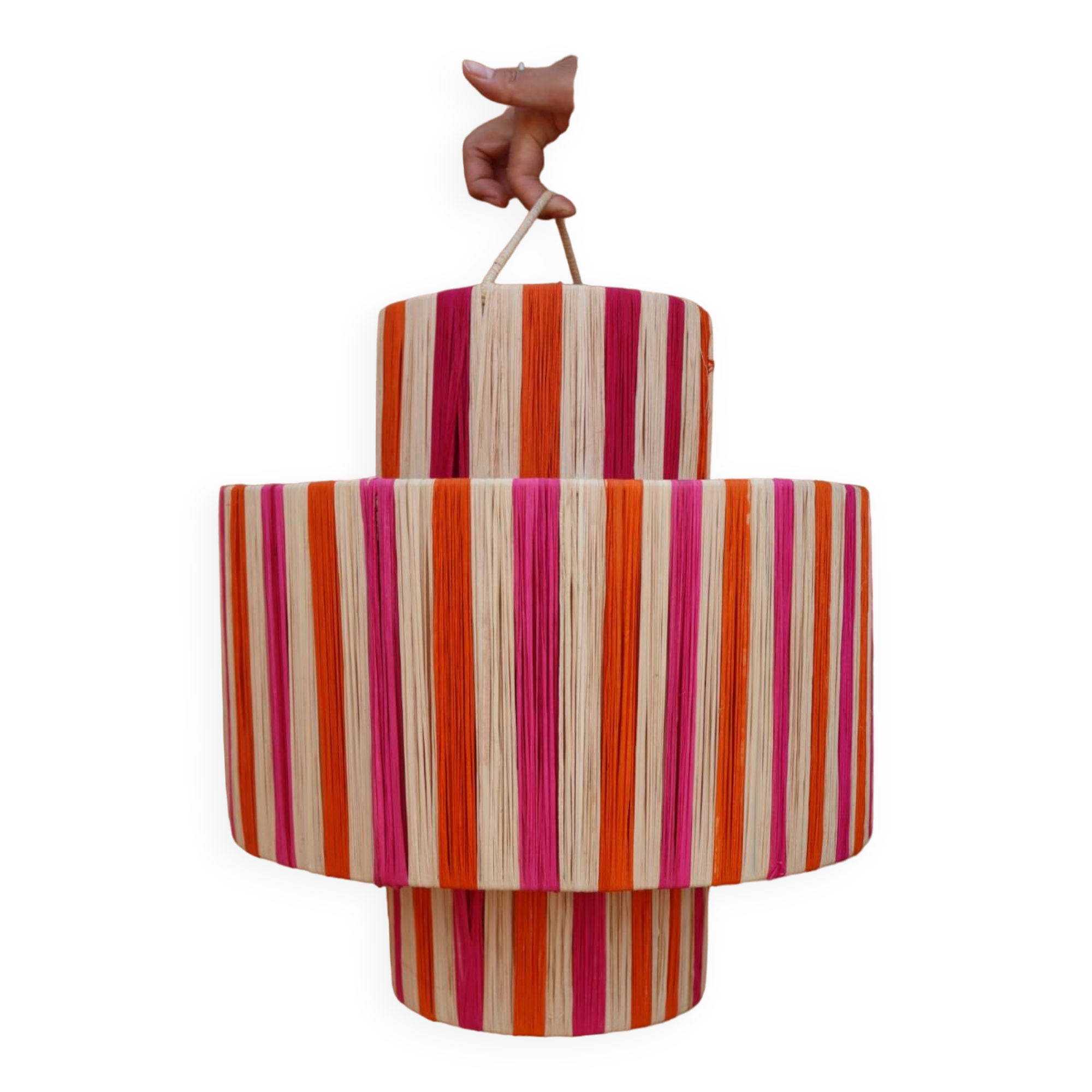 Natural orange pink striped raffia pendant light