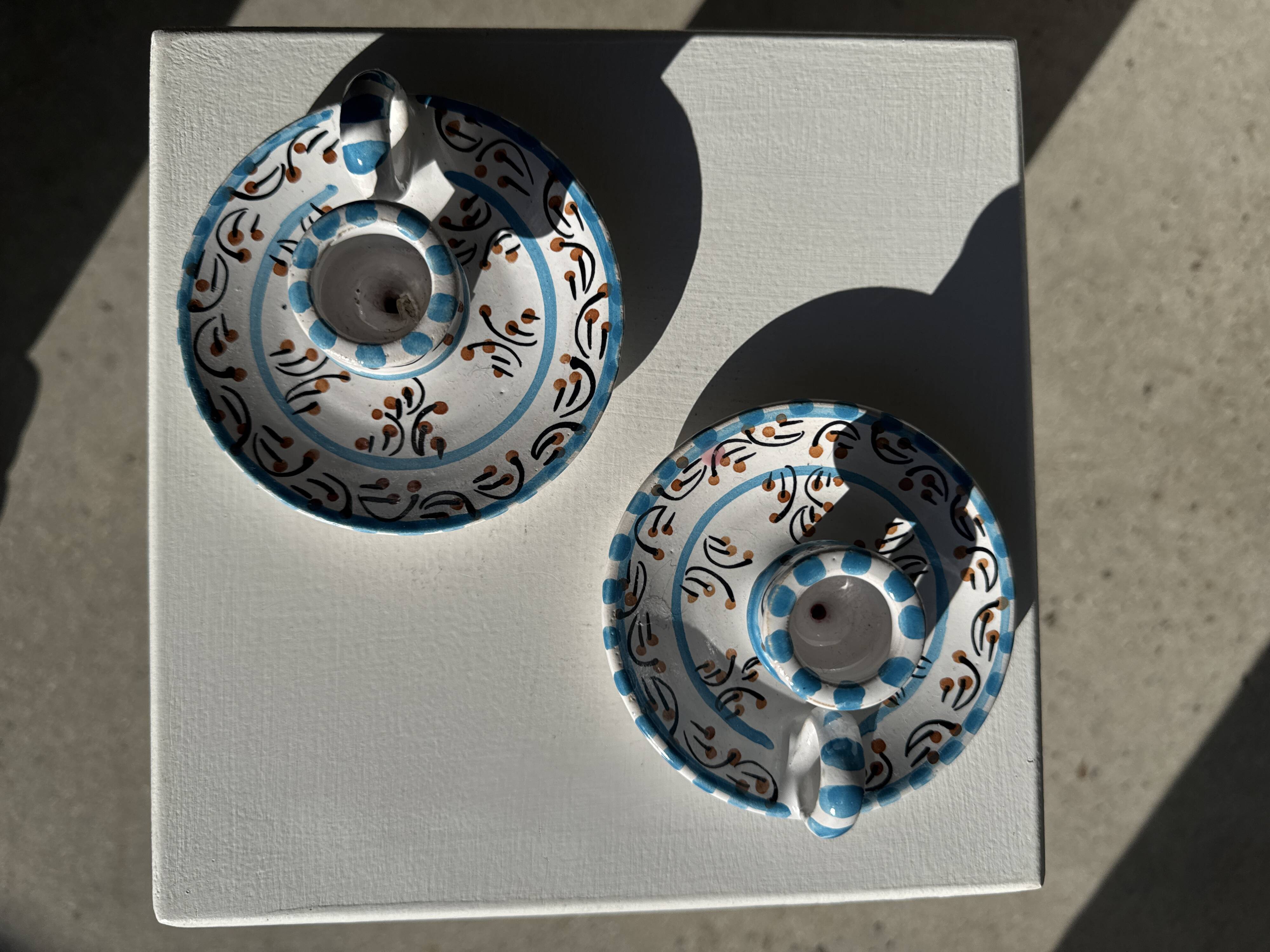 Light blue Moustiers candlestick H5 D12.5