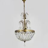 Chandelier, crown ceiling light in brass, 3 levels, 1 light, water drop pendants. 70s