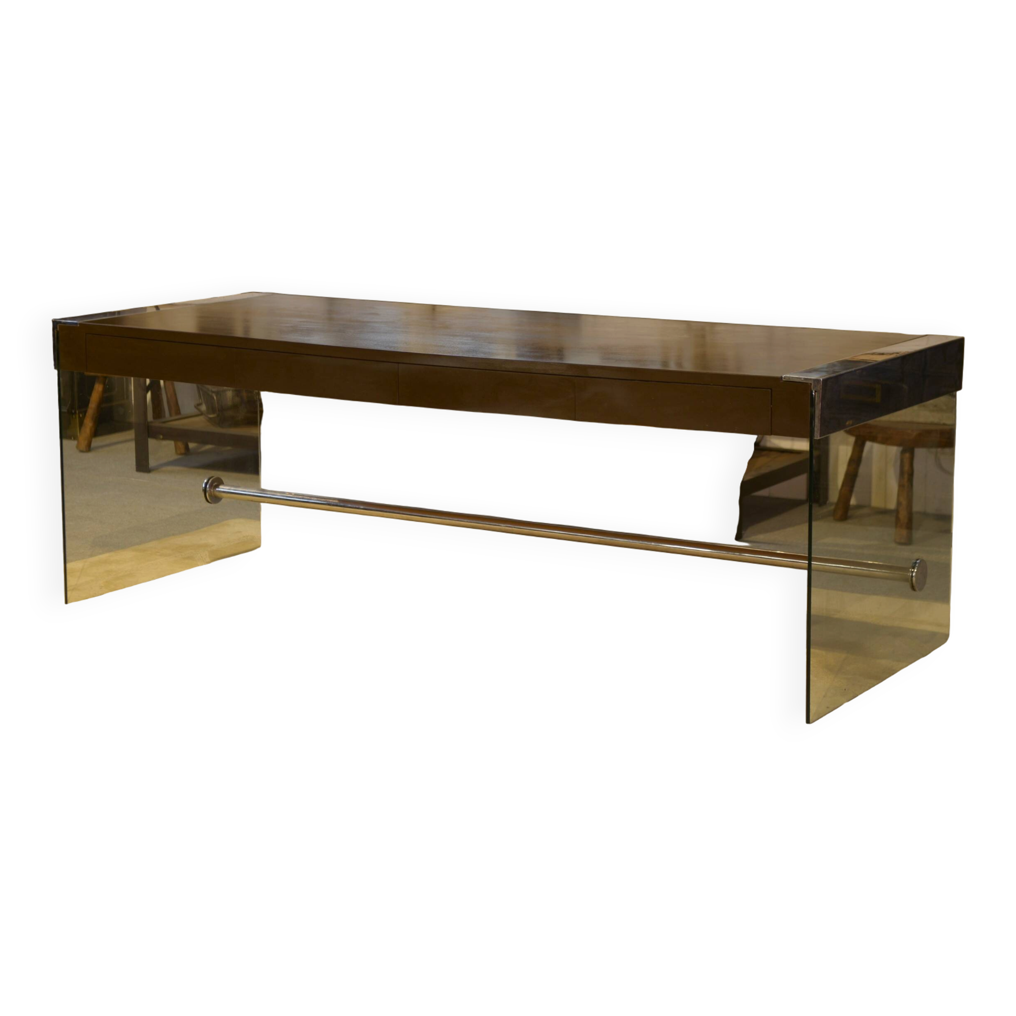 Desk design in melamine, glass and chrome 1980s