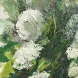 Canvas bouquet camaïeu of green signed Bourrat frame raw wood