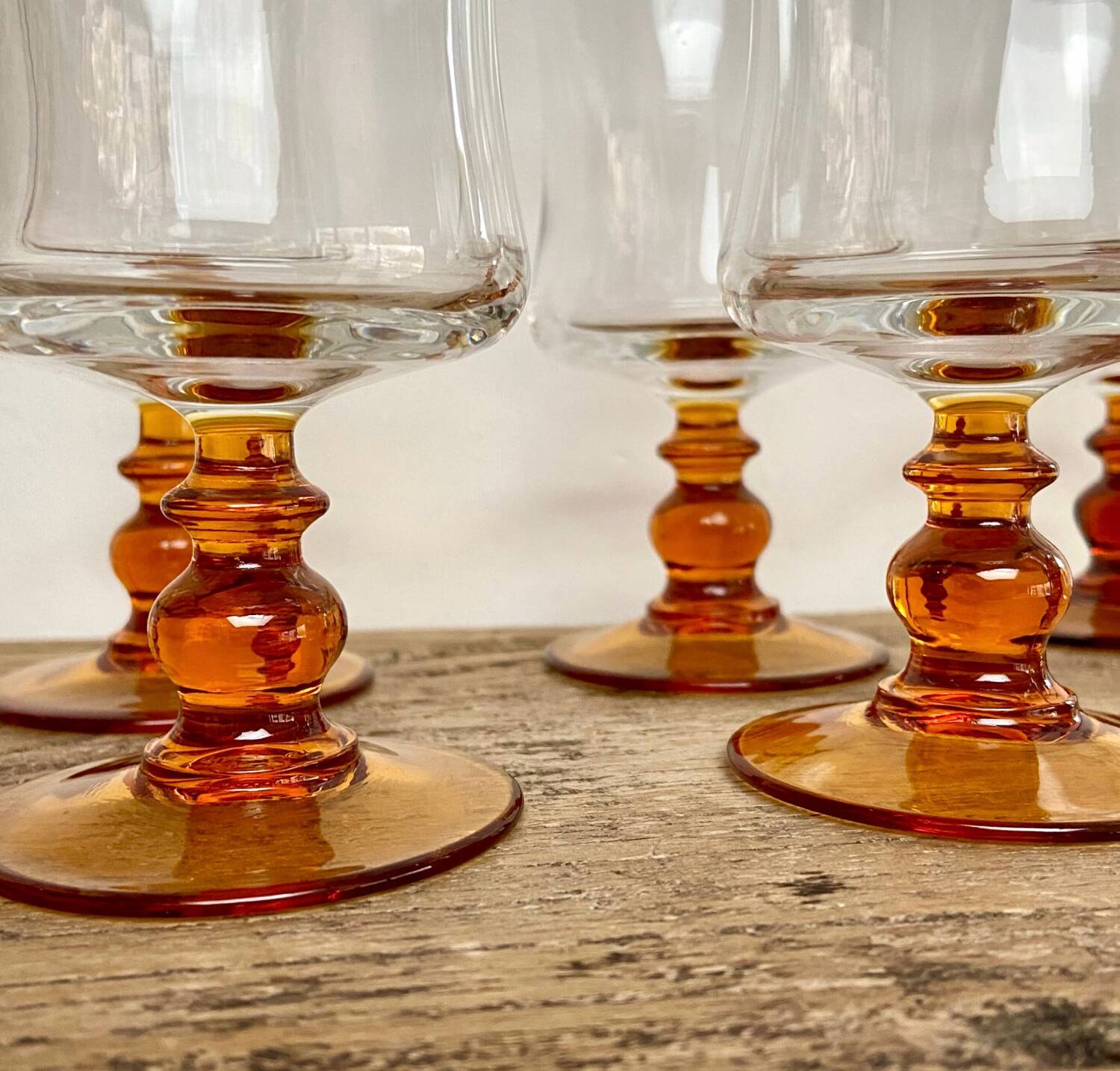 6 vintage amber stemmed glasses