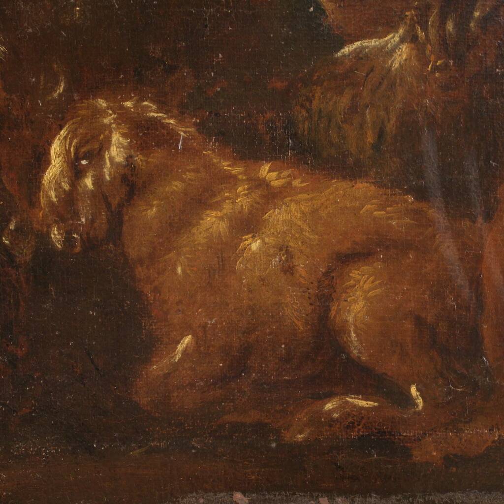 Peinture ancienne paysage avec des chèvres du XVIIe siècle