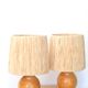 Pair of wooden lamps, raffia lampshade, 70s