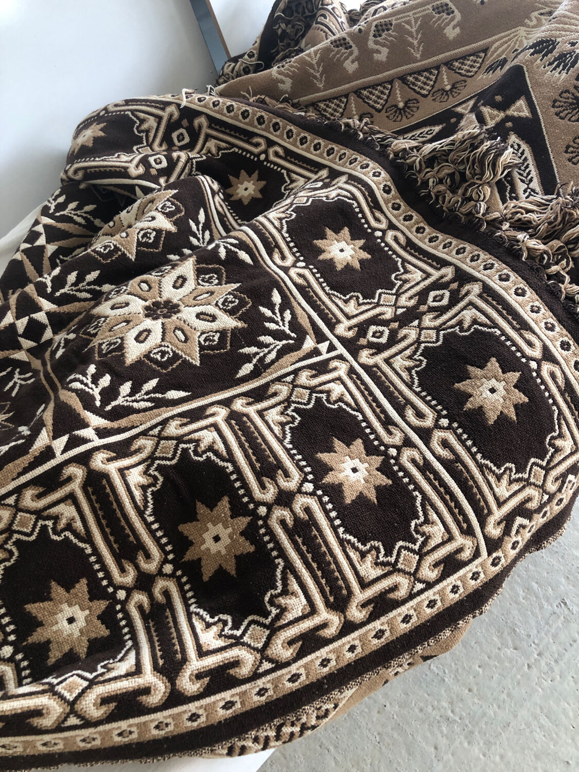 Vintage handmade beige and brown bedspread with fringes