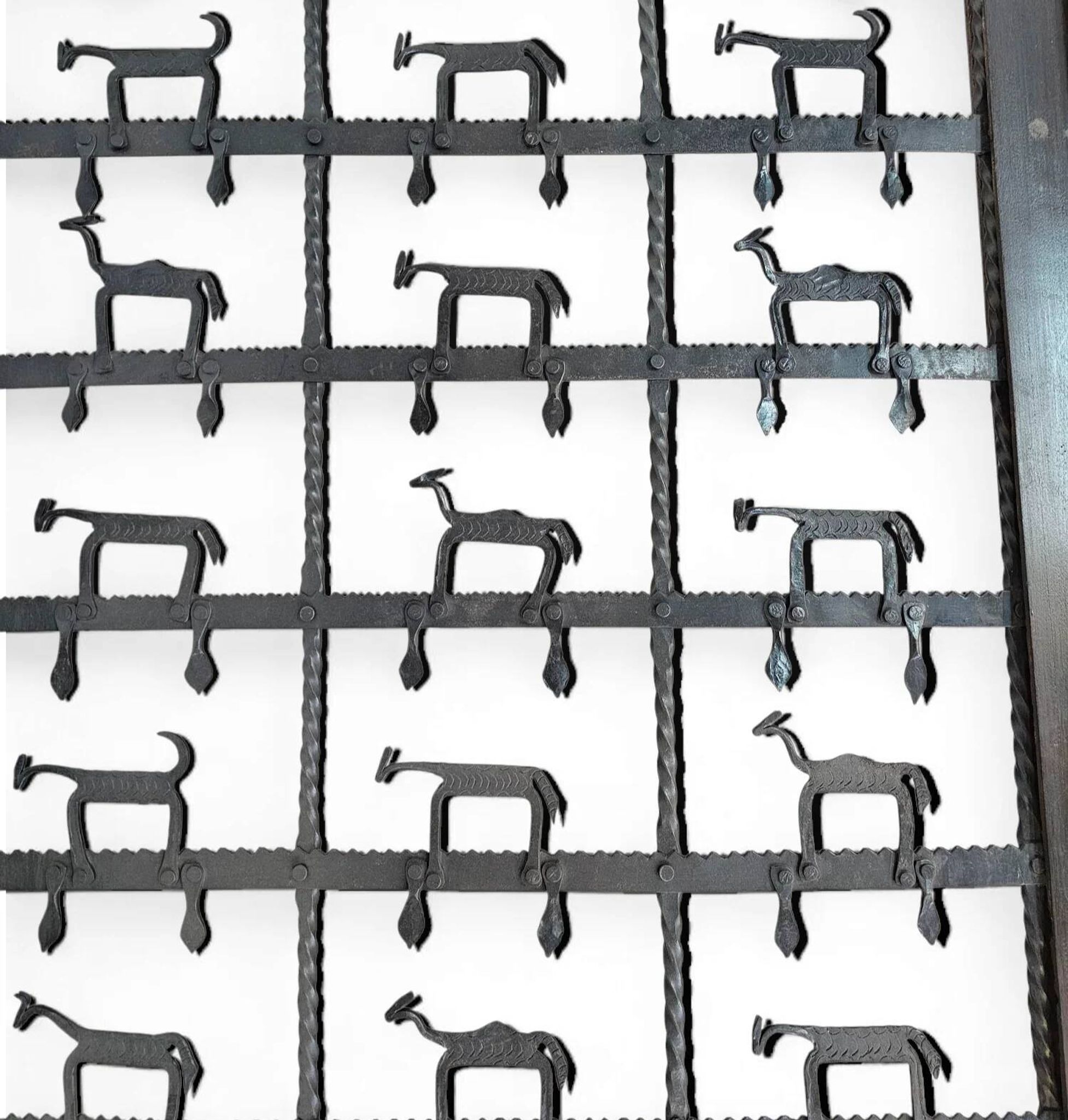 French brutalist coffee table, forged wrought iron, shepherd with dog and his herd, 1970s, transparent glass top