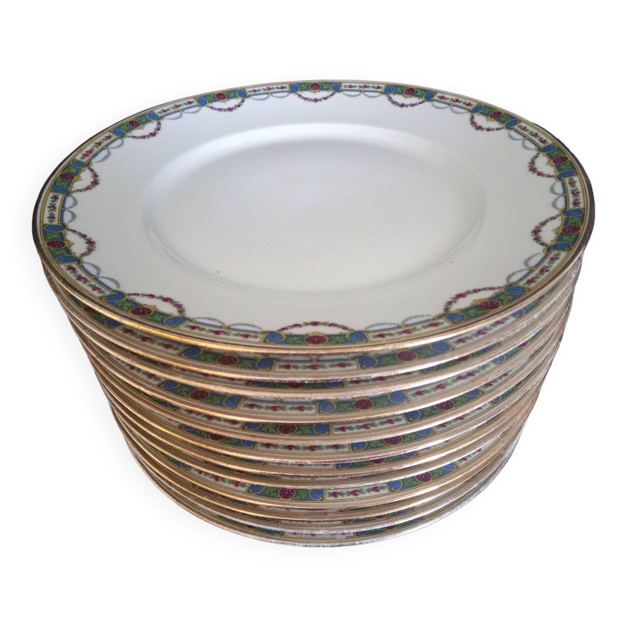 12 Art Deco dinner plates in Limoges porcelain decorated by Jean Boyer, 1920