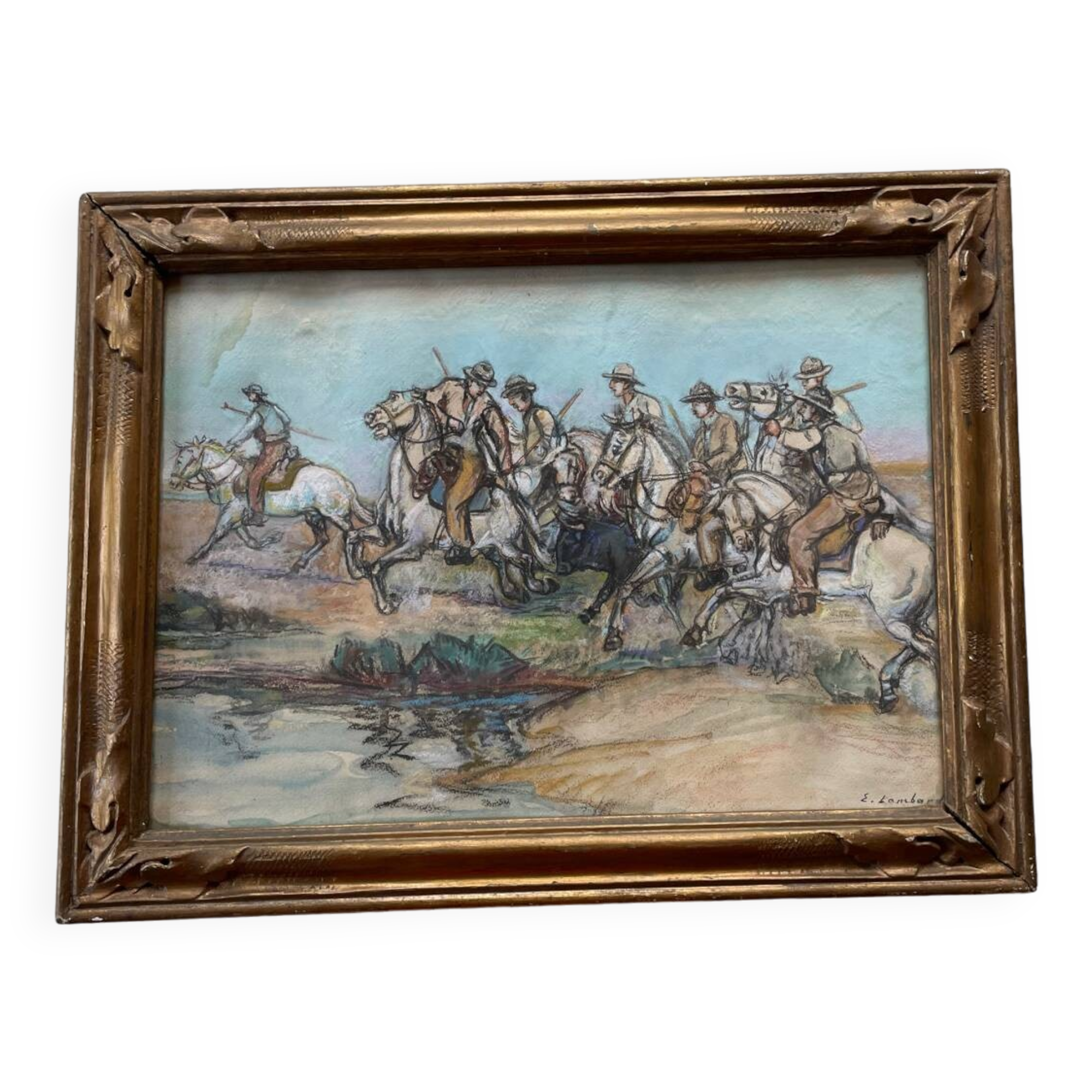 Pastel painting of a horseman scene