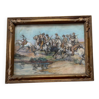 Tableau pastel scène de cavaliers