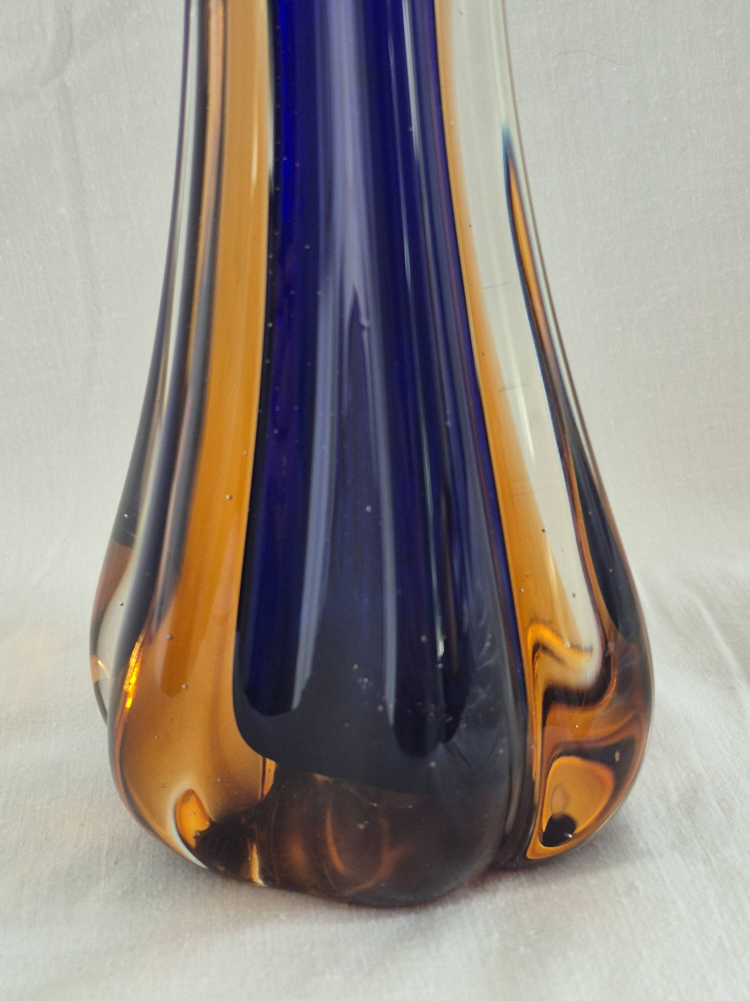 Vintage cobalt blue and amber blown glass vase in Murano style.