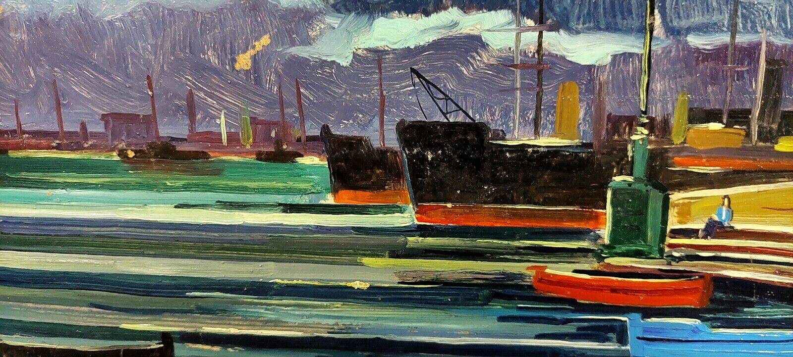 Oil painting Livorno 1975 port boats magnificent